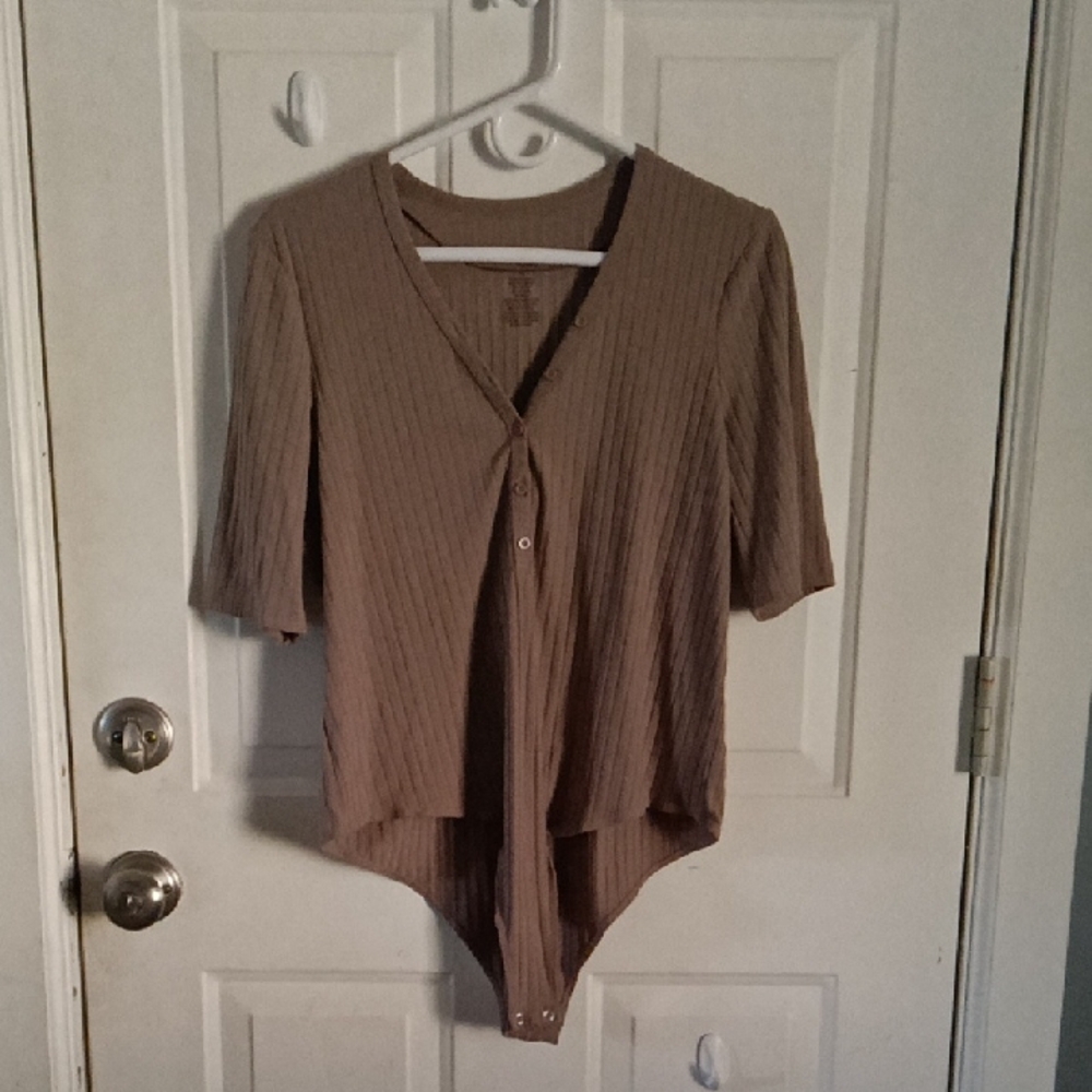 Women's Tan Ribbed Bodysuit Top
